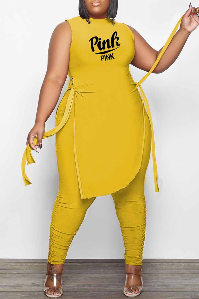 

Yellow Fashion Casual Plus Size Letter Print Bandage Split Joint O Neck Sleeveless Two Pieces