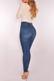 Jeans ajustados de cintura alta con botones sólidos informales de moda azul