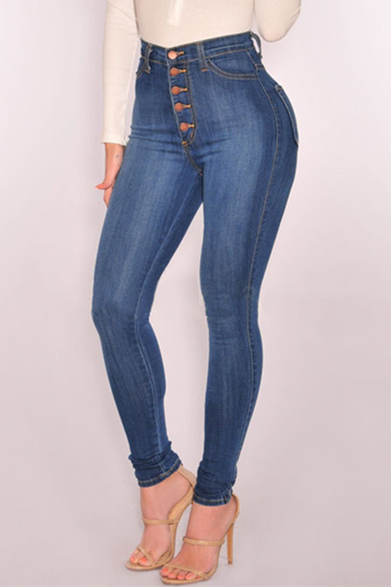 

Blue Fashion Casual Solid Buttons High Waist Skinny Denim Jeans