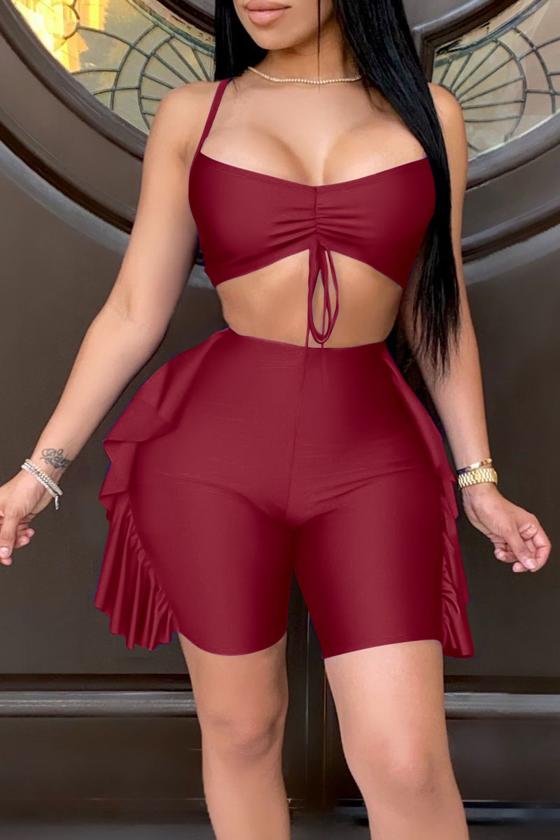 

Burgundy Sexy Solid Split Joint Flounce Spaghetti Strap Sleeveless Two Pieces