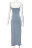 Blauwe sexy effen hoge opening strapless onregelmatige jurk jurken