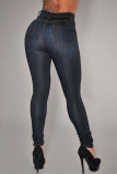 Calça jeans skinny azul fashion casual botões sólidos cintura alta