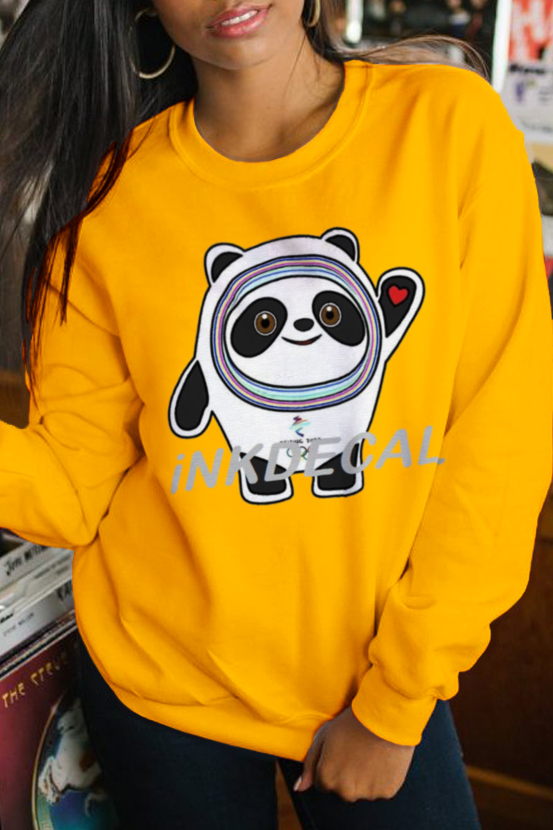 

Yellow Street Cute Character Print Split Joint Letter O Neck Tops