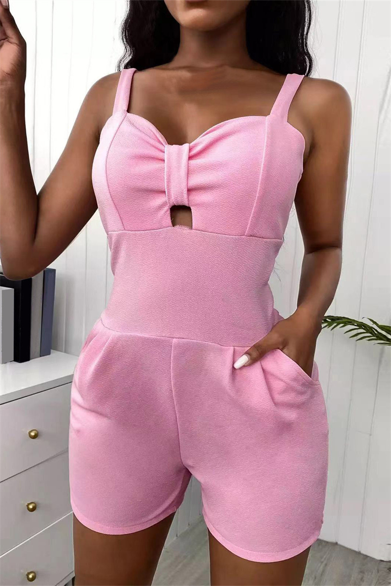 

Pink Sexy Casual Solid Hollowed Out Backless Spaghetti Strap Skinny Romper