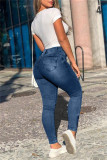 Dunkelblaue, modische, lässige, solide Patchwork-Denim-Jeans mit hoher Taille