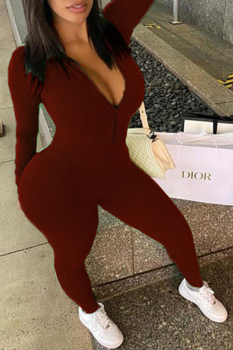 Burgundy Sexy Solid Zipper Patchwork O Neck Skinny Jumpsuits