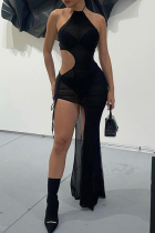 Black Sexy Solid Mesh Halter Irregular Dress Dresses