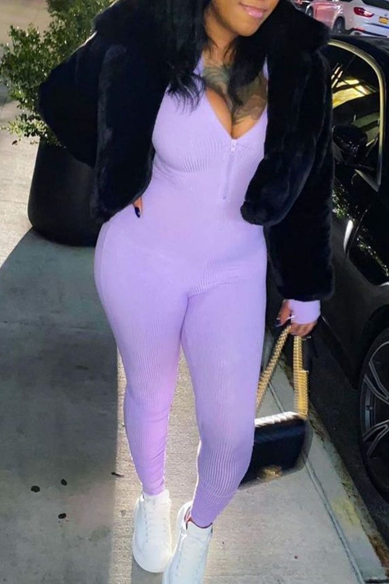 

Purple Sexy Solid Zipper Split Joint O Neck Skinny Jumpsuits