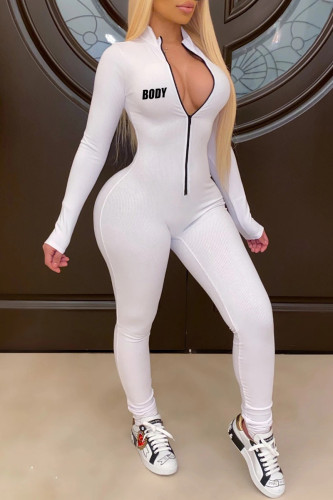 White Casual Sportswear Letter Print Basic Zipper Collar Skinny Jumpsuits
