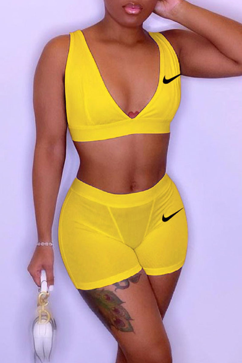 

Yellow Fashion Casual Print Split Joint V Neck Sleeveless Two Pieces