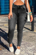 Black Fashion Casual Solid Patchwork High Waist Denim Jeans