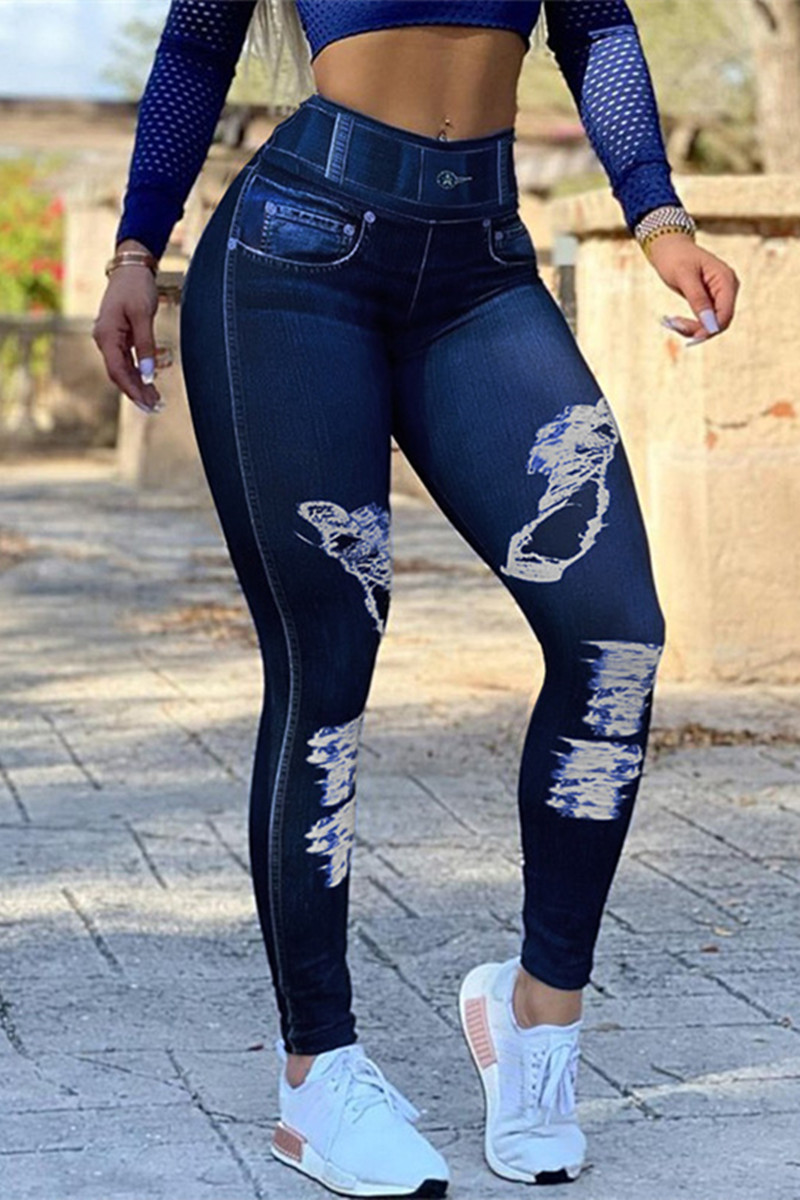 

Dark Blue Fashion Casual Print Basic High Waist Skinny Trousers