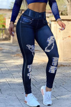 Calças skinny de moda casual azul escuro com estampa básica de cintura alta