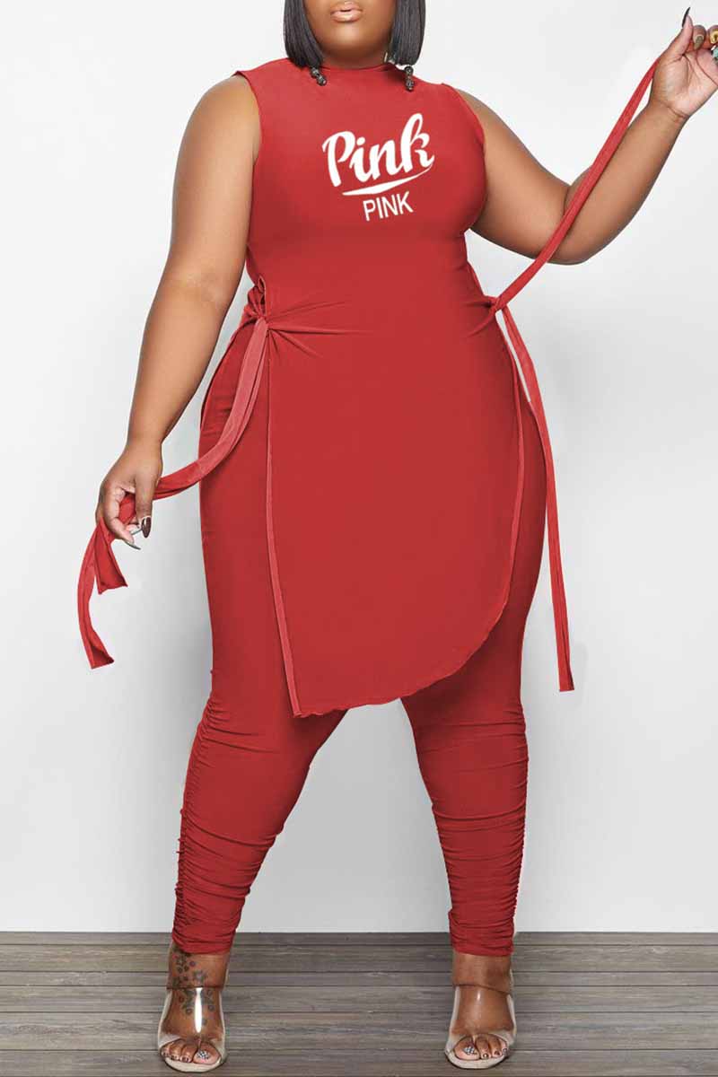 

Red Fashion Casual Plus Size Letter Print Bandage Split Joint O Neck Sleeveless Two Pieces