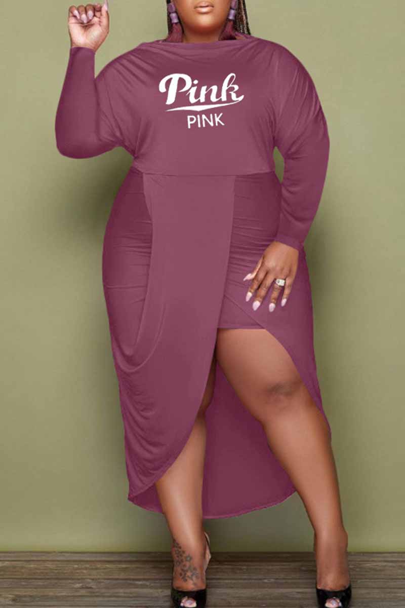 

Fuchsia Fashion Sexy Letter Print Split Joint O Neck Long Sleeve Plus Size Dresses