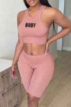 Nude Roze Sexy Casual Letter Print Basic O-hals Mouwloos Tweedelig