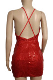 Red Sexy Solid Sequins Patchwork Asymmetrical Spaghetti Strap Sling Dress Dresses