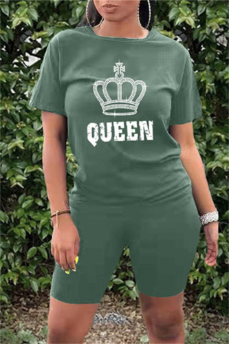 Gray Green Fashion Casual Letter Print Hot Drill O Neck Short Sleeve Two Pieces