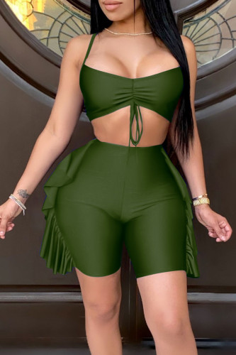 Green Sexy Solid Split Joint Flounce Spaghetti Strap Sleeveless Two Pieces