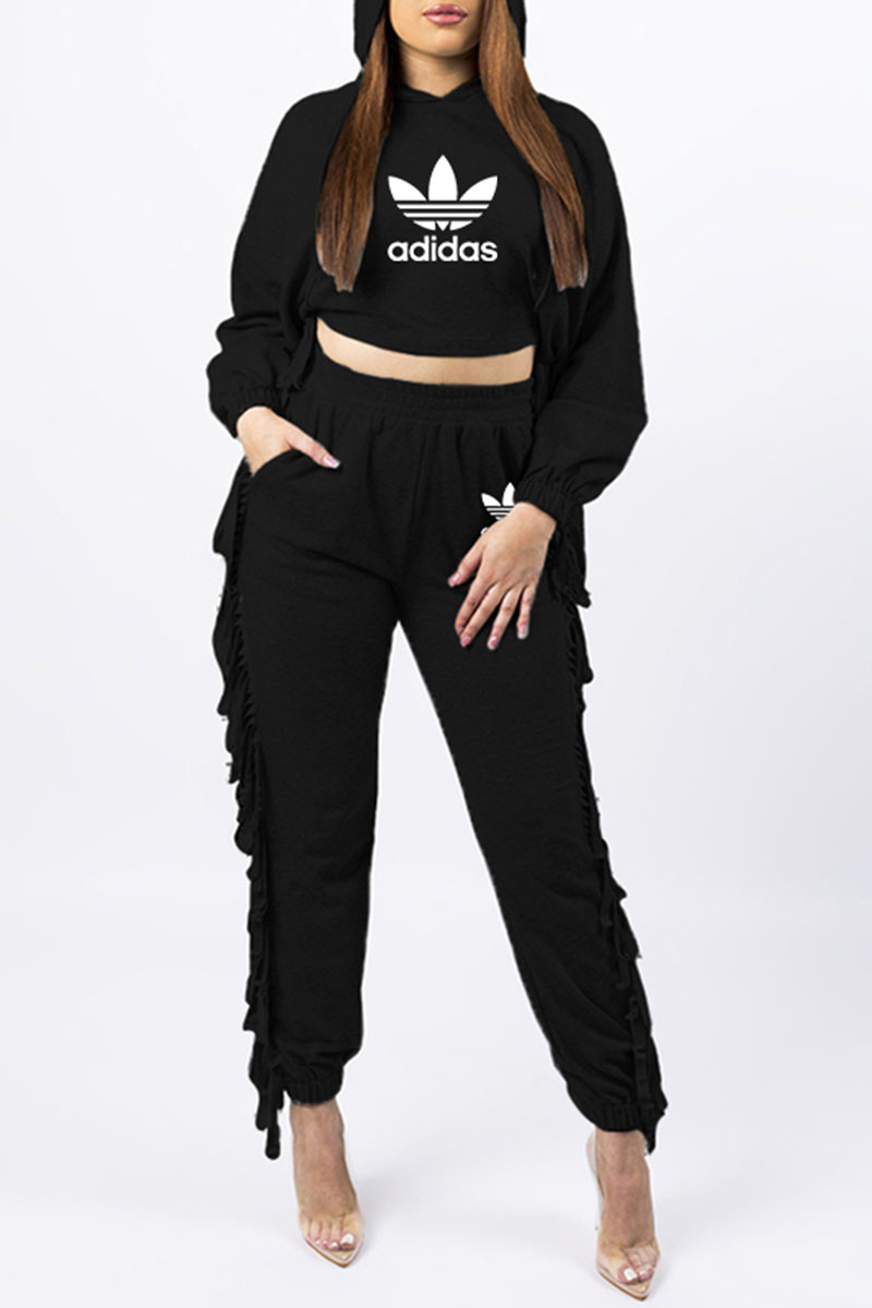 

Black Fashion Sportswear Print Letter Hooded Collar Long Sleeve Two Pieces