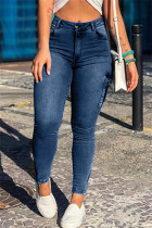 Donkerblauwe mode-casual effen denim jeans met hoge taille en patchwork
