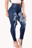 Ljusblå Mode Casual Solid Ripped Skinny Denim Jeans
