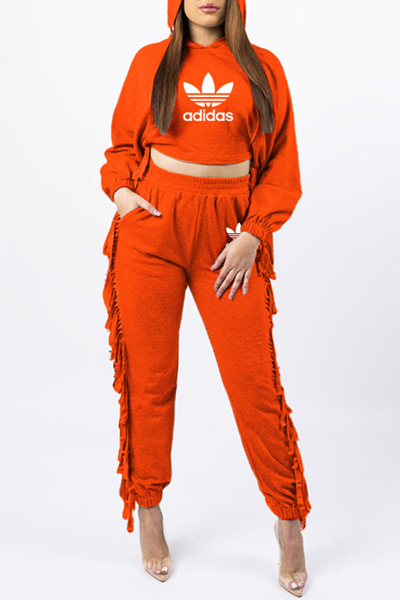 

Orange Fashion Sportswear Print Letter Hooded Collar Long Sleeve Two Pieces