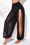 Calças pretas moda casual sólida transparente com fenda regular cintura alta