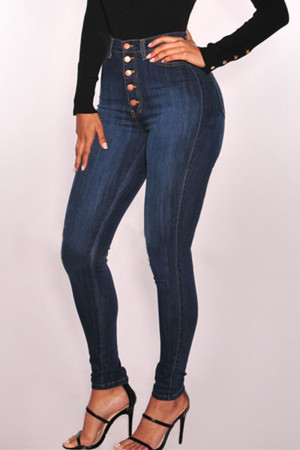 Blue Black Fashion Casual Solid Buttons High Waist Skinny Denim Jeans