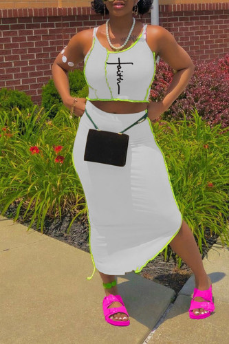 White Sexy Print Patchwork Asymmetrical Spaghetti Strap Sleeveless Two Pieces