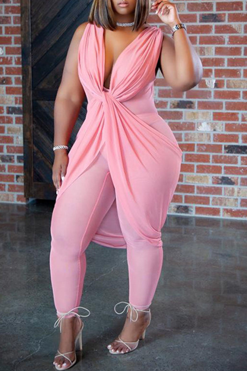 

Pink Plus Size Sexy Patchwork Solid See-through Mesh V Neck Plus Size Jumpsuits