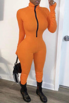 Macacão skinny laranja sexy com zíper sólido patchwork O decote
