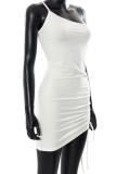 White Sexy Solid Patchwork One Shoulder Irregular Dress Dresses