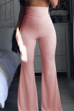 Calças largas rosa moda casual básica sólida regular cintura alta