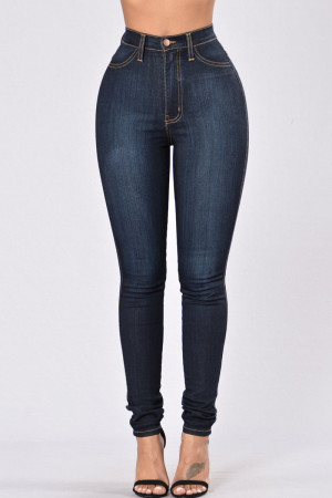 Dark Blue Fashion Casual Solid Basic High Waist Skinny Denim Jeans