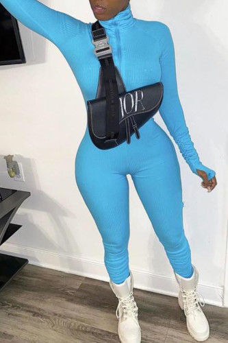 Blue Sexy Solid Zipper Patchwork O Neck Skinny Jumpsuits