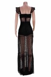 Black Fashion Sexy Patchwork Hollowed Out See-through Backless Square Collar Sleeveless Dress Dresses