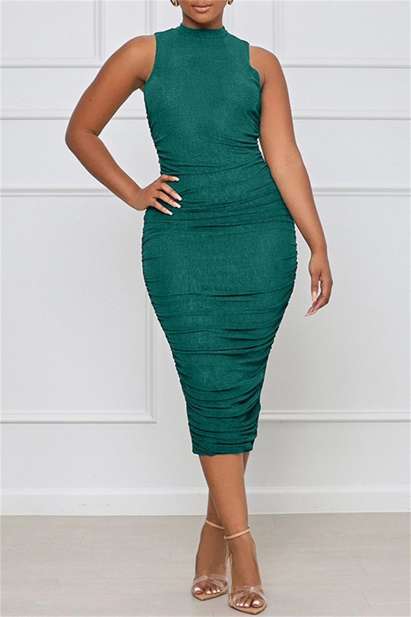 

Green Sexy Casual Solid Slit Fold O Neck Sleeveless Dress