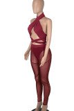 Burgundy Sexy Solid Bandage Patchwork See-through Asymmetrical Sleeveless Three Pieces