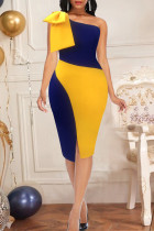 Blauw geel sexy casual patchwork patchwork rugloze mouwloze jurk met split en één schouder