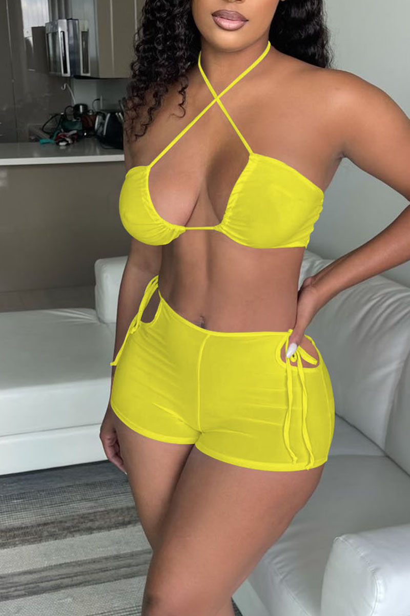 

Yellow Sexy Solid Split Joint Frenulum Sleeveless Two Pieces