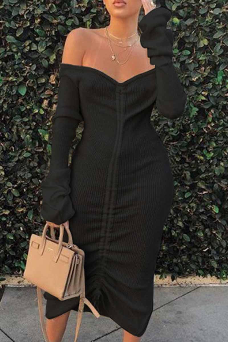 

Black Fashion Sexy Solid Draw String Frenulum Backless Off the Shoulder Long Sleeve Dresses