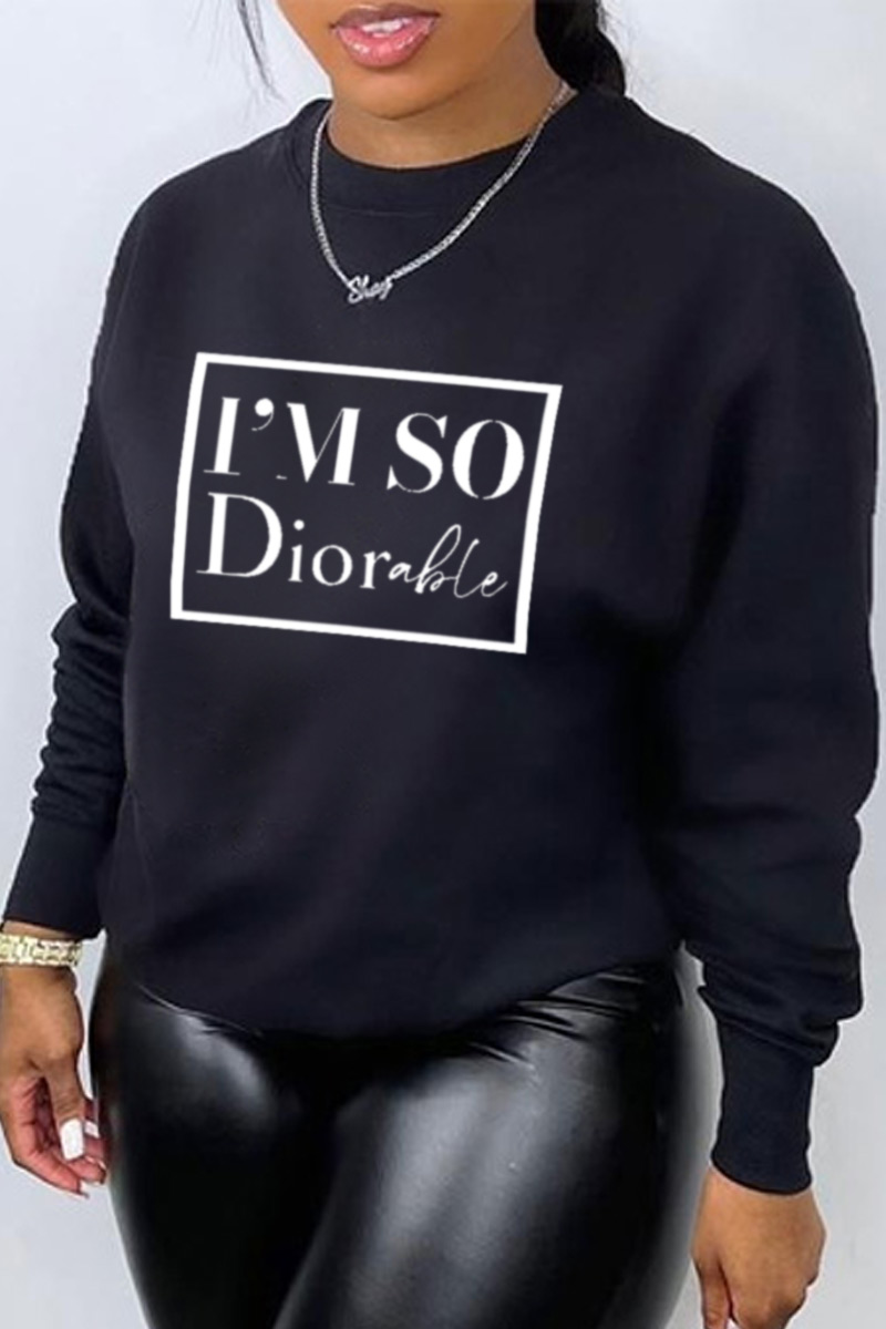 

Black Fashion Casual Print Split Joint Letter O Neck Tops