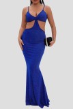 Синее модное сексуальное однотонное вечернее платье с открытой спиной на тонких бретелях
