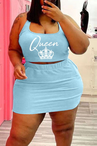Light Blue Casual Print Patchwork U Neck Sleeveless Two Pieces
