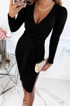 黒のセクシーな固体包帯パッチワーク スリット V ネック ワン ステップ スカート ドレス