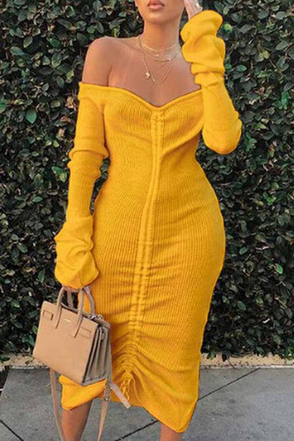 Amarelo moda sexy sólido draw string frenulum sem costas fora do ombro vestidos de manga comprida