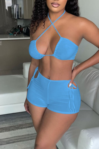 Baby Blue Sexy Solid Split Joint Frenulum Sleeveless Two Pieces