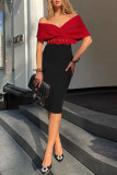 Trabajo rojo elegante patchwork liso con cinturón cuello en V falda de un paso vestidos