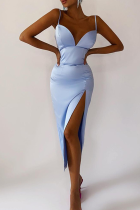 Blue Sexy Solid High Opening Spaghetti Strap Pencil Skirt Dresses